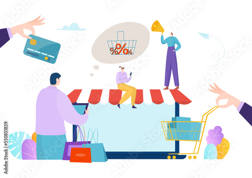 Modern technology online marketplace retail business  tiny character sell and purchase digital store flat vector illustration  isolated on white.