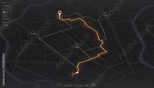 Gps map navigation to own house. View from above the map buildings. Detailed view of city. Tracking car location.. City top view. Abstract background. Flat style, Vector, illustration isolated.