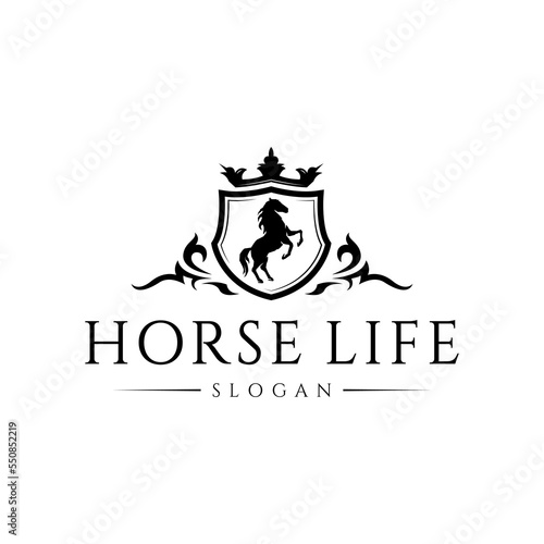 Elegant king horse with shield and crown stylish graphic design