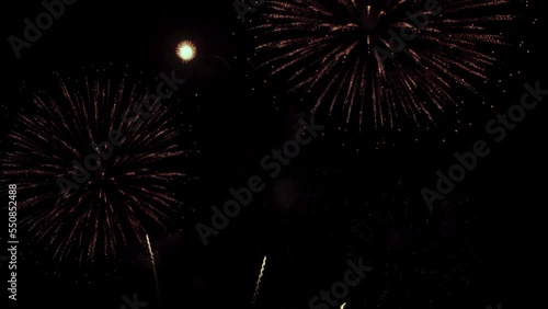Colorful real fireworks show performance display celebration festival holiday on dark sky for abstract background, anniversary, celebration, 4th July, Independence Day, and new year.