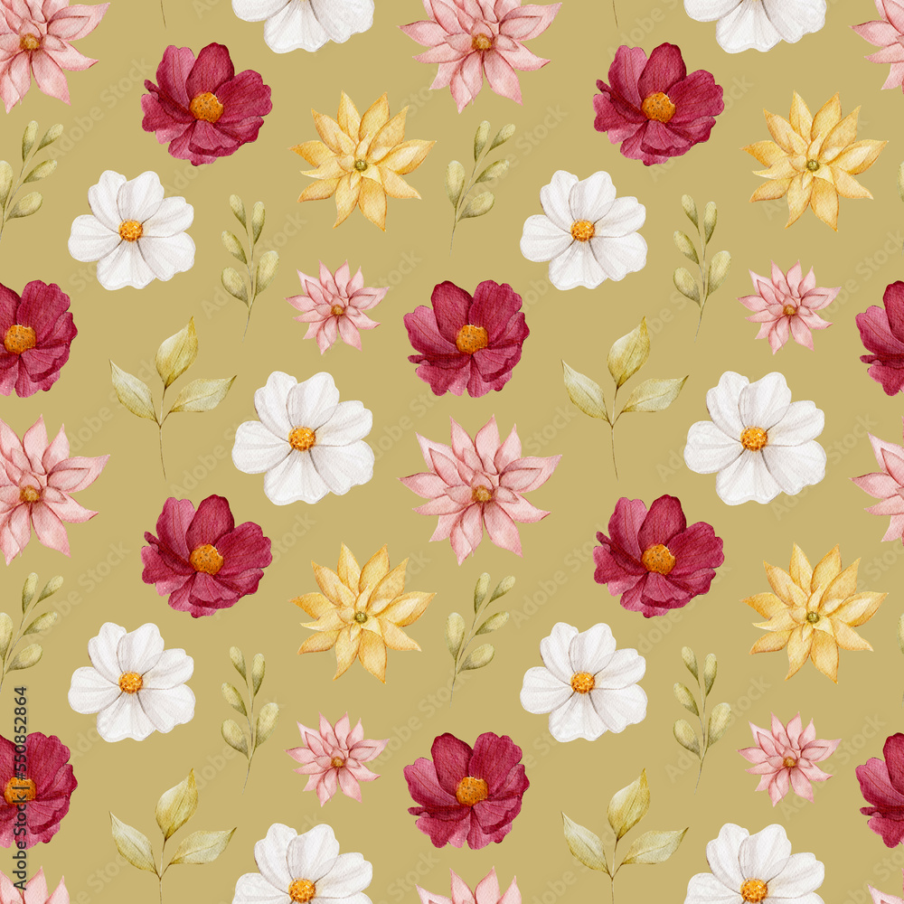 Vintage floral watercolor seamless pattern. Spring, summer floral watercolor digital paper. 