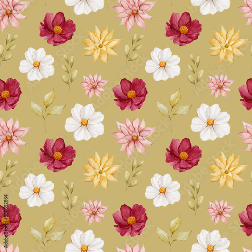 Vintage floral watercolor seamless pattern. Spring  summer floral watercolor digital paper. 