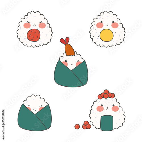 Cute onigiri set with smiling face and pink cheeks. Kawaii onigiri. Japanese traditional cuisine dishes. Stock vector illustration.