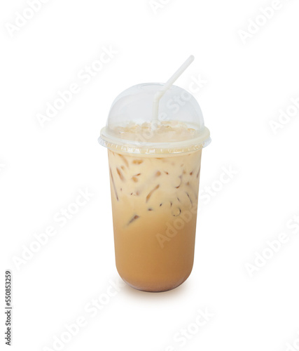 Summer drink Fresh Iced coffee nescafe in plastic glass with straw. There is a mixture of milk to drink and feel refreshed. Isolated on white background including clipping path. Selective focus.