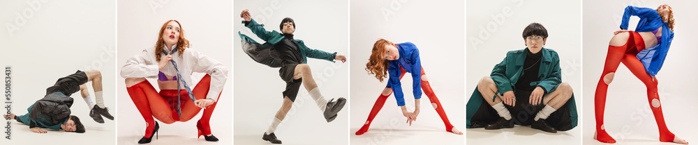 Collage. Stylish young man and woman in extraordinary bright clothes posing isolated over grey background. Self-expression Collage. Stylish young man and woman in extraordinary bright clothes posing isolated over grey background. Self-expression
