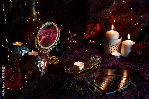 Concept of Christmas divination predictions on tarot cards and other magic