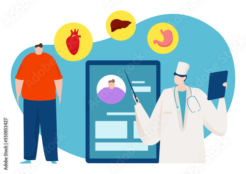 Online overweight person medical consultation service, smartphone doctor application flat vector illustration, isolated on white.
