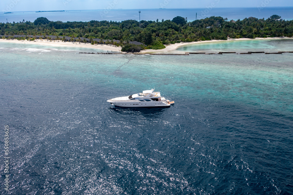 Aerial View, Asia, Indian Ocean, Maldives, Lhaviyani Atoll, Kuredu, Luxury Motor Yacht offshore