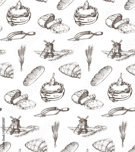 Bakery seamless pattern in vector, hand drawn set