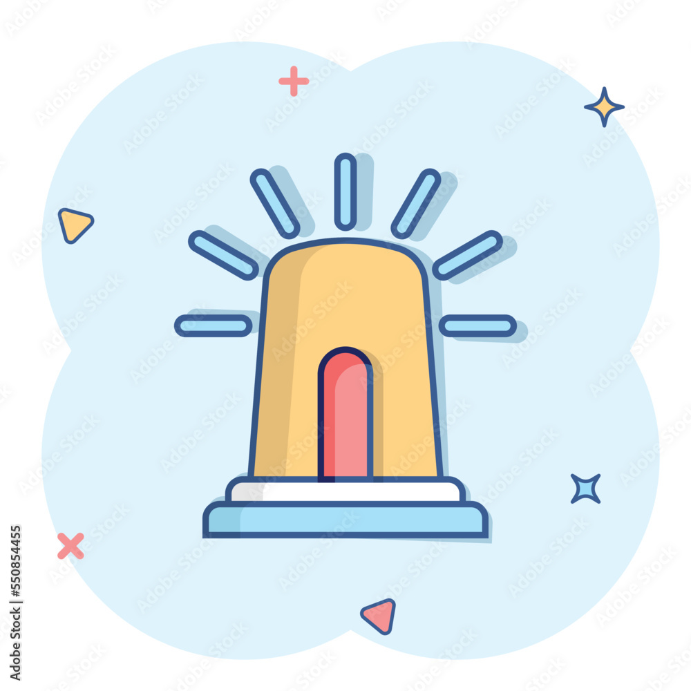 Obraz premium Emergency alarm icon in comic style. Alert lamp cartoon vector illustration on isolated background. Police urgency splash effect sign business concept.