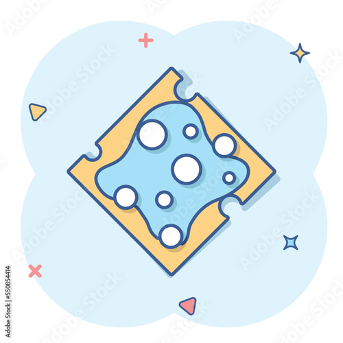 Cheese slice icon in comic style. Milk food cartoon vector illustration on isolated background. Breakfast splash effect sign business concept.