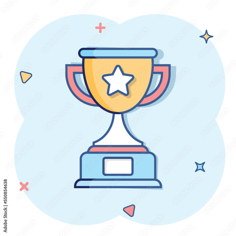 Trophy cup icon in comic style. Goblet prize cartoon vector illustration on isolated background. Award splash effect sign business concept. Trophy cup icon in comic style. Goblet prize cartoon vector illustration on isolated background. Award splash effect sign business concept.
