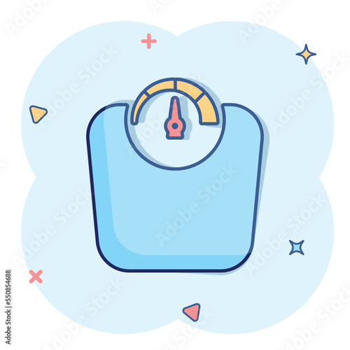 Bathroom weight scale icon in comic style. Mass measurement cartoon vector illustration on isolated background. Overweight splash effect sign business concept.