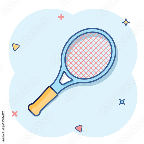 Tennis racket icon in comic style. Gaming racquet cartoon vector illustration on isolated background. Sport activity splash effect sign business concept.