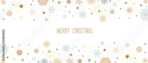 Christmas New Year banner with pastel snowflakes border on white background. Template with copy space