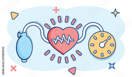 Arterial blood pressure icon in comic style. Heartbeat monitor cartoon vector illustration on isolated background. Pulse diagnosis splash effect sign business concept.