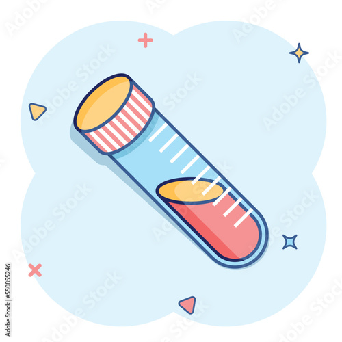 Blood in test tube icon in comic style. Laboratory flask cartoon vector illustration on isolated background. Liquid in beaker splash effect sign business concept.