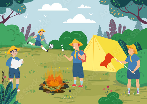 Young kid scout outdoor camping relax, child character group together spend time wild forest flat vector illustration, forest hiking.