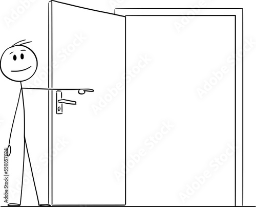 Person Inviting or Pointing at Open Door, Vector Cartoon Stick Figure Illustration