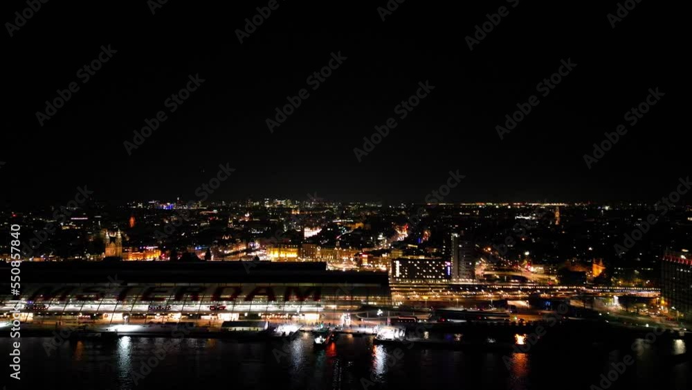 Aerial view of Amsterdam by night, riverside Aerial view of Amsterdam by night, riverside