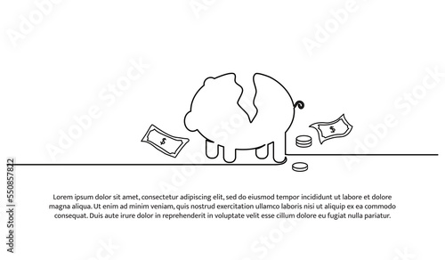 Continuous line design of broken piggy bank. A symbol of despair, desperate need. Decorative elements drawn on a white background.
