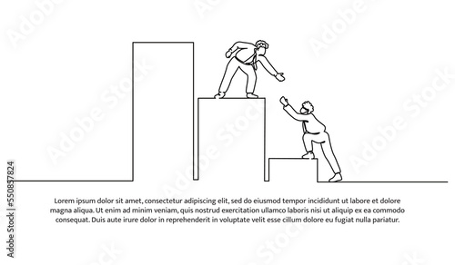Continuous line design of team collaboration helping each other to get to the pinnacle of success. Solid teamwork symbol. Decorative elements drawn on a white background.