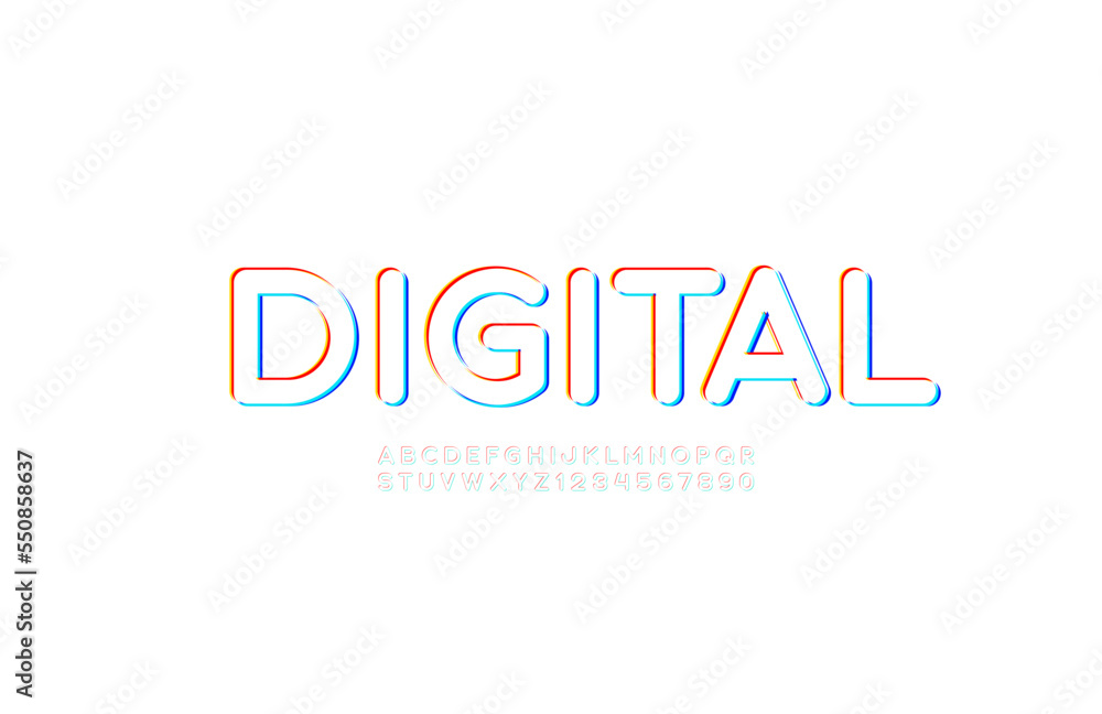 Trendy digital font alphabet, uppercase letters from A to Z and numbers from 0 to 9, vector illustration 10EPS