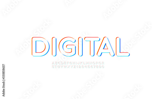 Trendy digital font alphabet, uppercase letters from A to Z and numbers from 0 to 9, vector illustration 10EPS