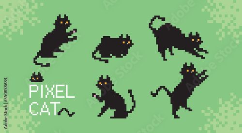 Pixel black cat with various actions, in retro 8-bit game style.