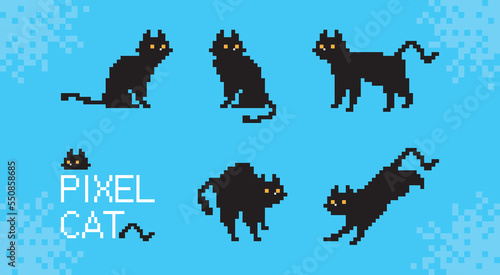 Pixel black cat with various actions, in retro 8-bit game style.