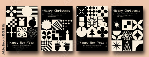 Geometric minimalist Christmas posters. Modern bauhaus brutalist bold shapes, primitive blocks swiss style. Trendy Winter Holidays art templates.	