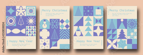 Geometric minimalist Christmas posters. Modern bauhaus brutalist bold shapes  primitive blocks swiss style. Trendy Winter Holidays art templates. 