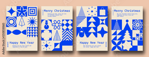 Geometric minimalist Christmas posters. Modern bauhaus brutalist bold shapes, primitive blocks swiss style. Trendy Winter Holidays art templates.	