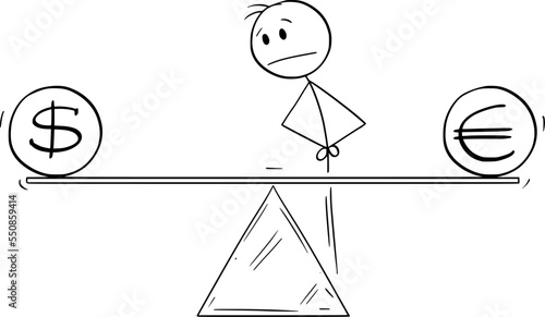 Euro and Dollar Parity , Vector Cartoon Stick Figure Illustration