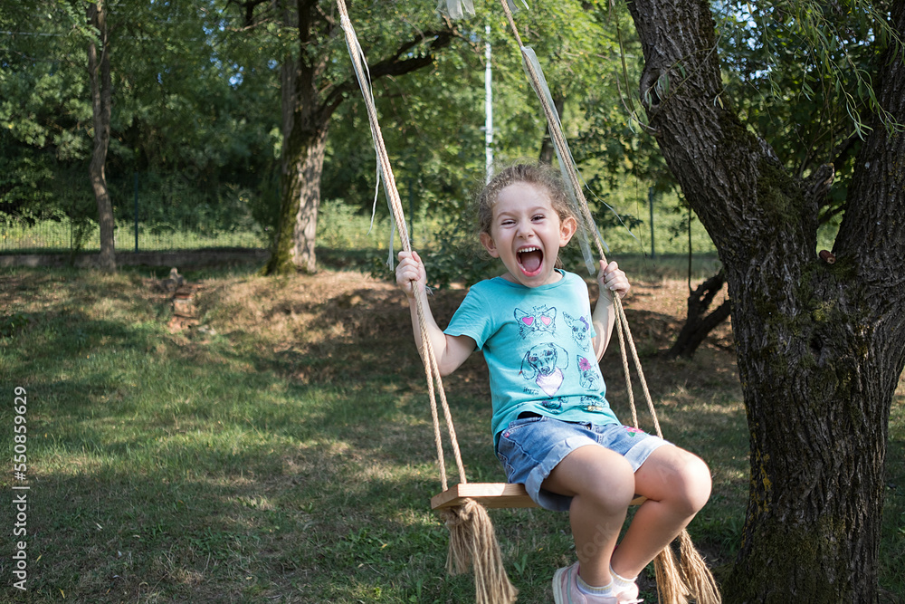 rope swing set on the tree in the garden of the village house. little girl on a swing. excited girl screaming. selective Focus Girls face.