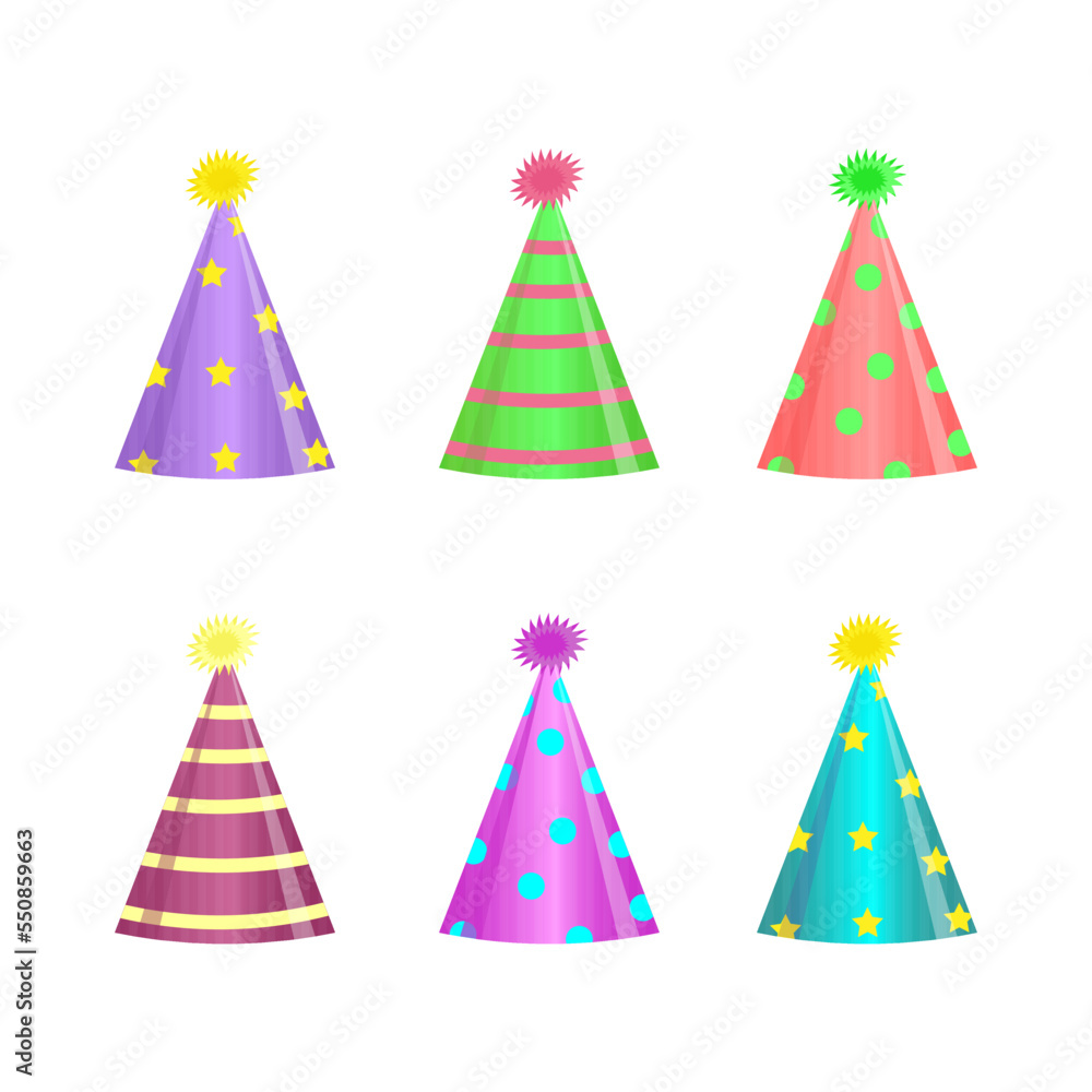 Bright, colored holiday caps on a white background. Hats in the shape of a cone for various happy holidays. Vector illustration