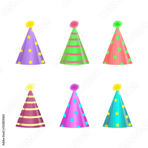 Obraz na płótnie Bright, colored holiday caps on a white background. Hats in the shape of a cone for various happy holidays. Vector illustration w salonie
