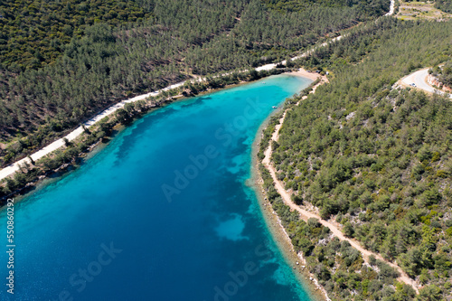 Aerial view of the coast of Bodrum  Turkey. Concept for hiking and road trip