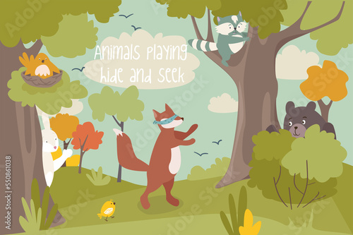 Animals playing hide and seek concept background. Cute pets play game. Blindfolded fox is catching  bear  rabbit and raccoon peek out from hiding places. Illustration in flat cartoon design