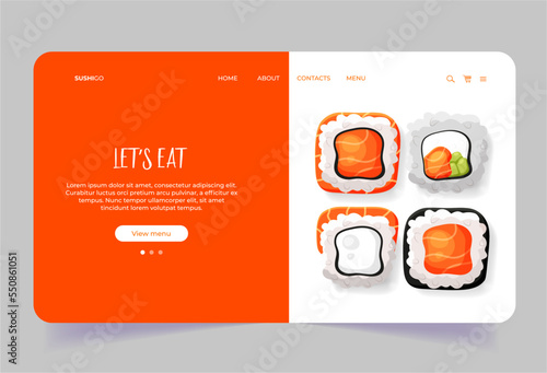 Landing page with sushi rolls for business. Homepage for asian food web site