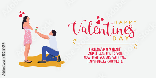 happy valentines day poster with hearts rose and flat character illustration of guy proposing to a girl with knee bent