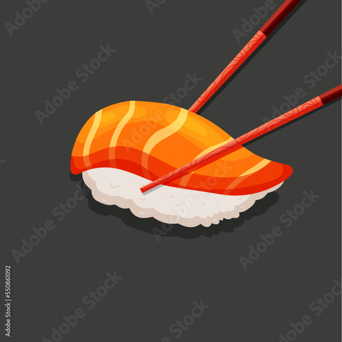 Nigiri, sushi, rolla with salmon in chopsticks. Asian cartoon delicacies photo