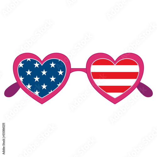 heart shaped American flag sunglasses. Happy Independence Day. Vector illustration. 