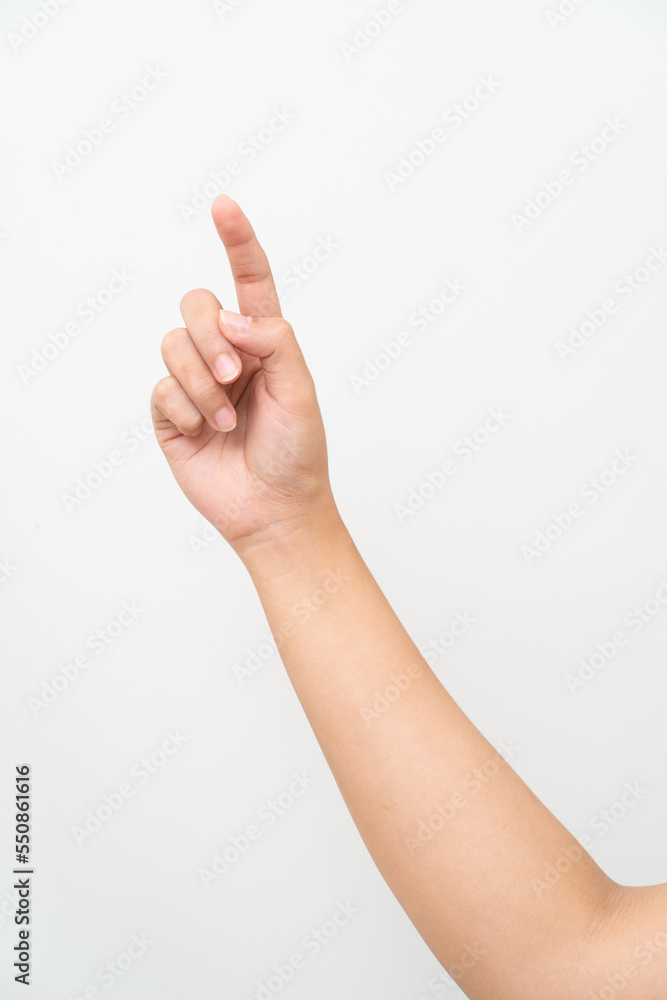 Women hand pointing on white background Women hand pointing on white background