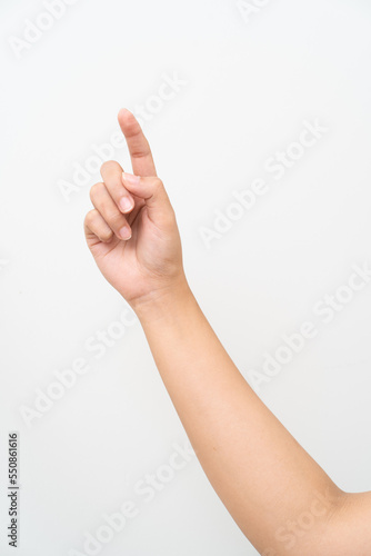 Women hand pointing on white background