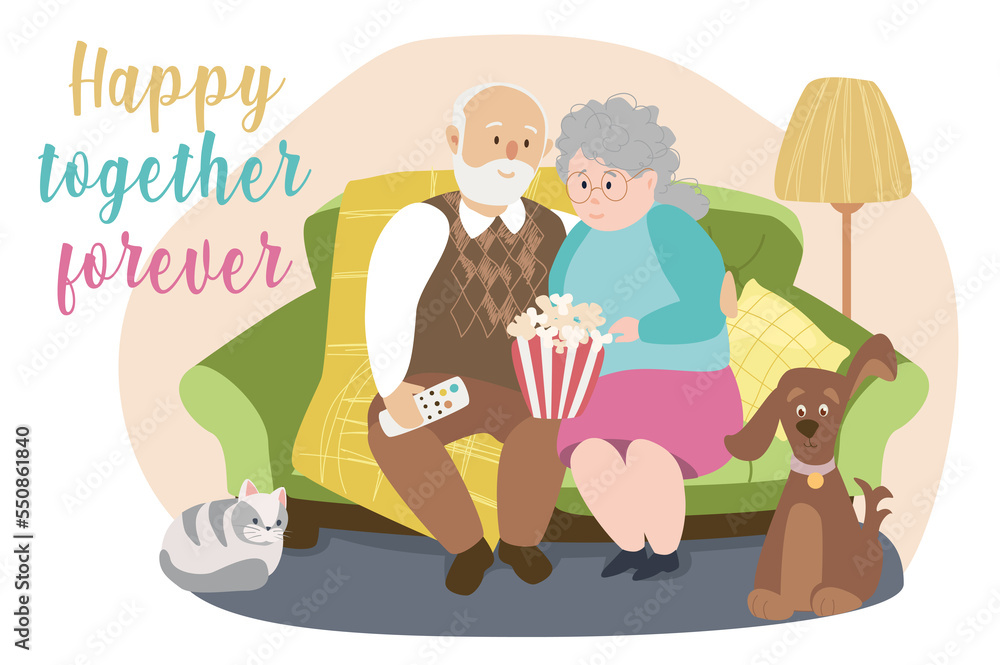 Happy together forever concept background. Elderly couple sitting at sofa and watching movie with dog and cat. Loving old man and woman pastime together. Illustration in flat cartoon design