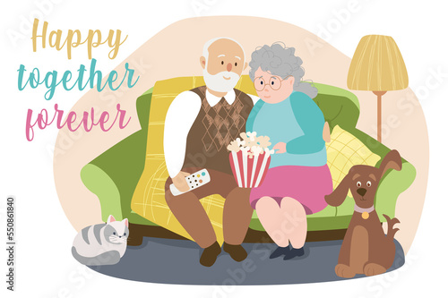 Happy together forever concept background. Elderly couple sitting at sofa and watching movie with dog and cat. Loving old man and woman pastime together. Illustration in flat cartoon design © Andrey