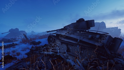 Destroyed tank on the battlefield