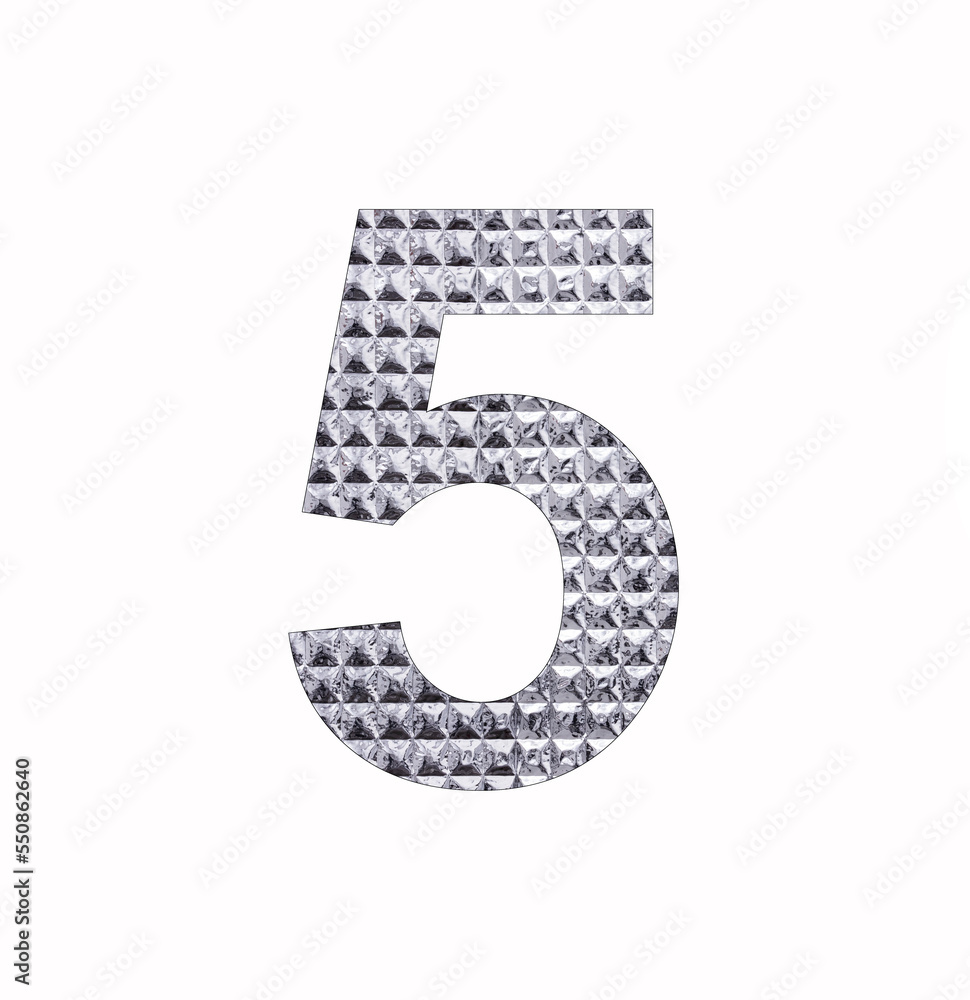 Number 5 - Digit five in textured silver shiny paper Number 5 - Digit five in textured silver shiny paper