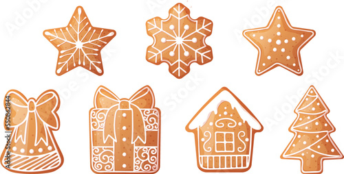 Christmas gingerbread set: snowflakes, house, gift, bell, Christmas tree. Vector illustration of holiday cookies